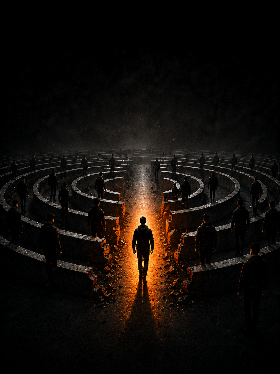 Silhouette einer Person, die mit oranger Lichtspur durch ein Labyrinth aus Kopien ihrer selbst bricht